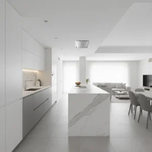 Reforma integral de cocina abierta moderna con isla central en Bilbao