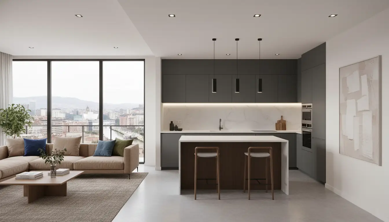 Cocina Abiertas al Salón diseñada y ejecutada por Oppida Sostenible en Bilbao