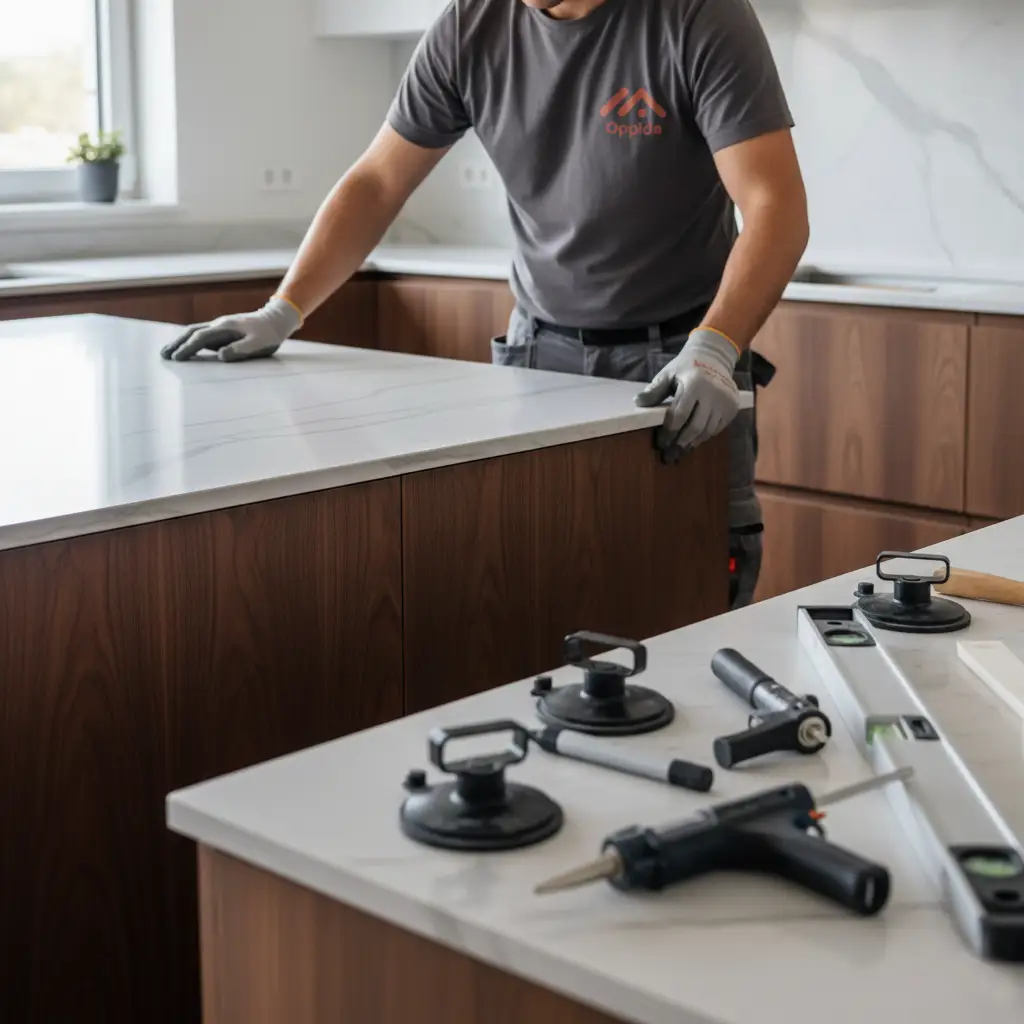 Instalación profesional de encimera de porcelánico en reforma de cocina en Bizkaia