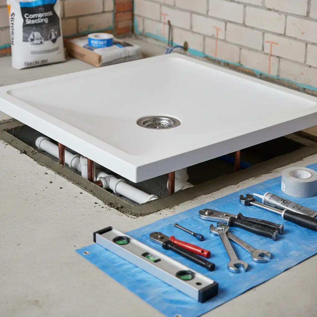 Proceso de instalación profesional de plato de ducha y fontanería en reforma de baño en Bizkaia